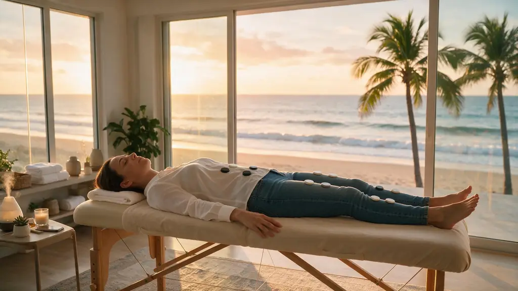 A woman relaxing during a biomagnetic therapy session by the beach