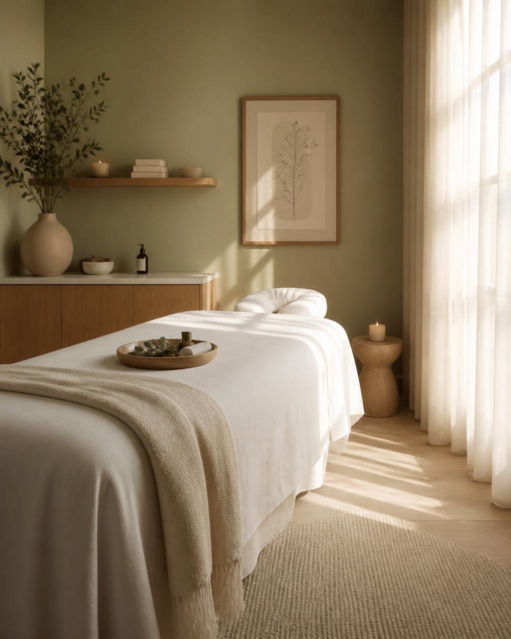 A peaceful, minimalist bioenergy healing treatment room bathed in soft natural light